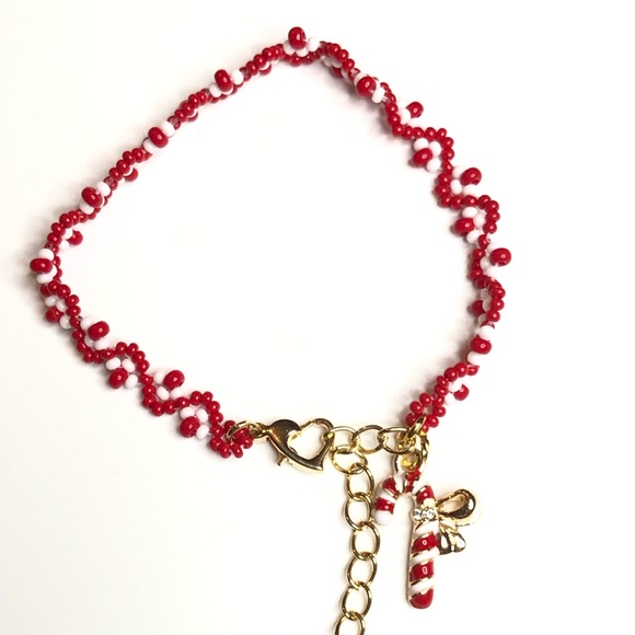 Christmas Holiday Bracelet Charms Gold Red White Candy cane Star Beaded Woven NW - Picture 3 of 4